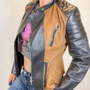 3.1 Phillip Lim Leather Moto Jacket Wool Blend Black Brown Biker  0 XS